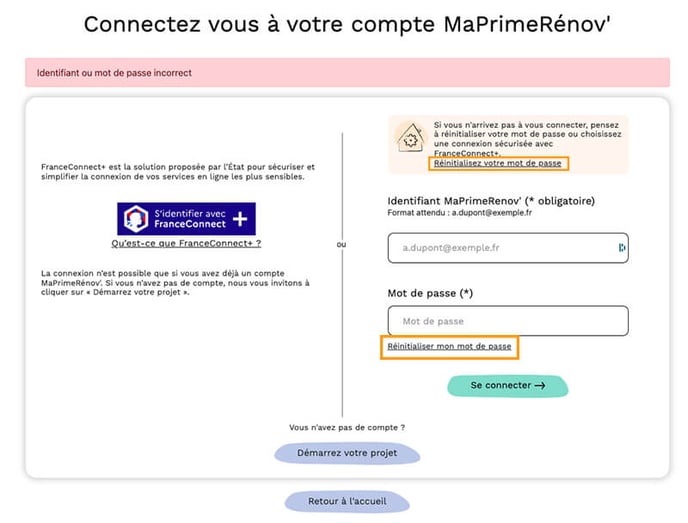 Réinitialiser mot passe MaPrimeRénov